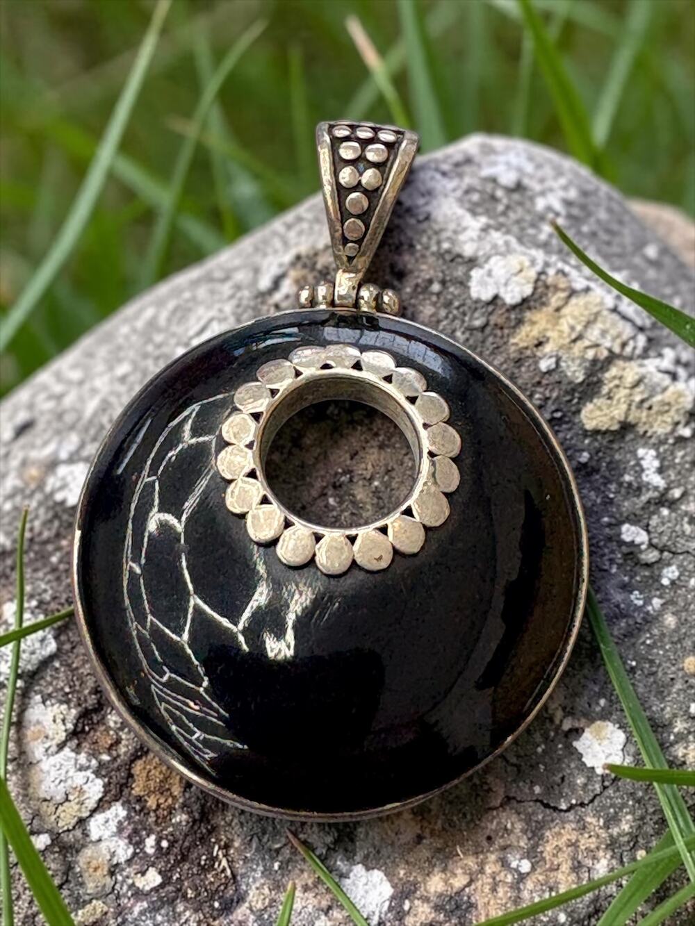 Vintage Sterling Silver Black Donut Pendant Textured Dot Bail Open Circle Design